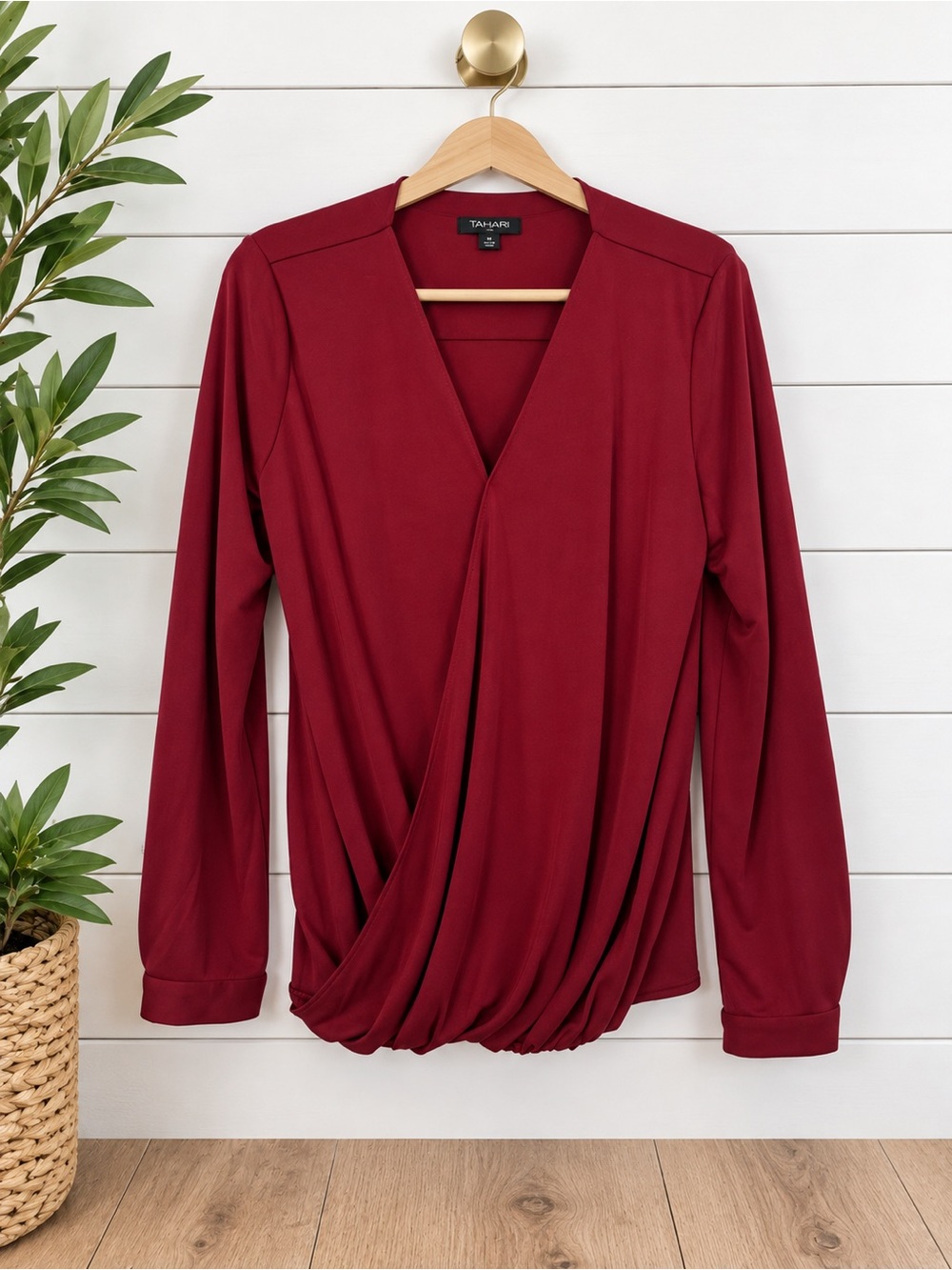 ❤️ Tahari Burgundy Draped Surplice Wrap Blouse Size M
